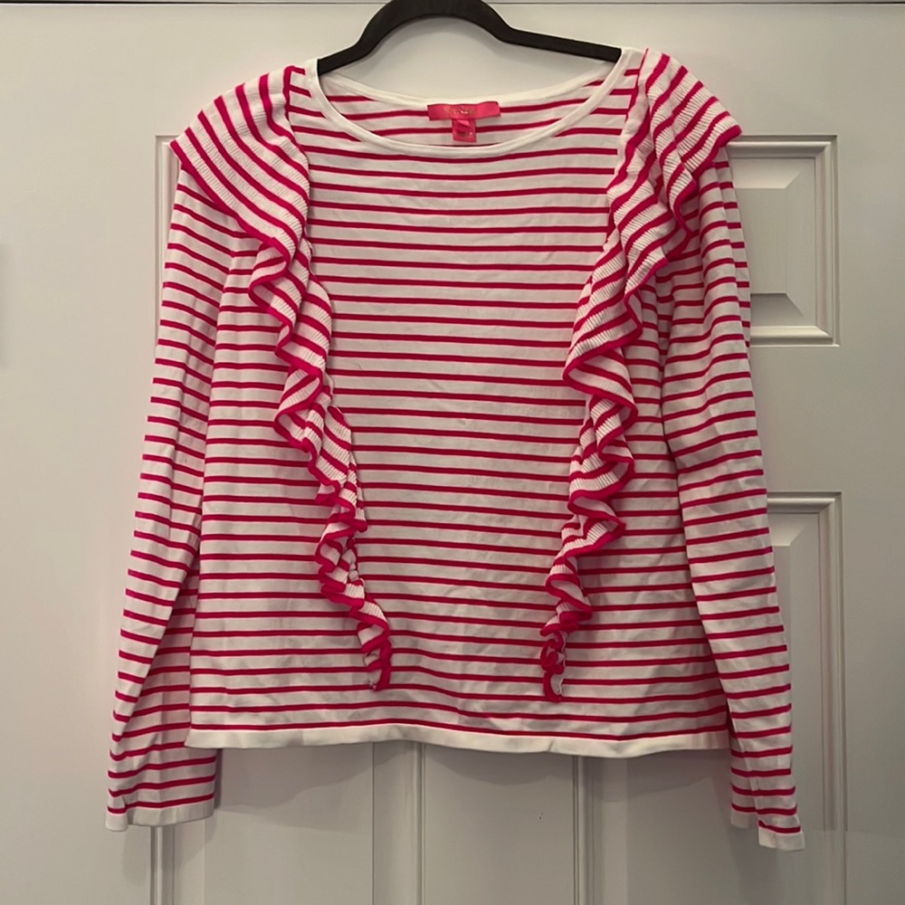 Lilly Pulitzer pink & white ruffle sweater - size XL, never worn!